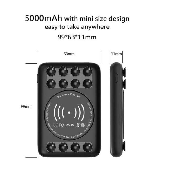 Portable power bank with Qi, sucktion 5,000mah, 5W for iPhone,Samsung
