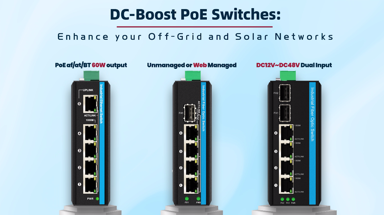 6 Port Solar Poe Switch DC12-48V Input 120w Industrial Ethernet Switch for solar power/Trunk/VoIP system/CCTV security system