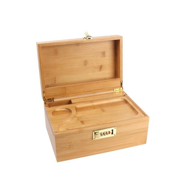 Bamboo Stash Box Bundle with  Rolling Tray Storage Set and Lock, Locking Stash Box and Full Set of Tools