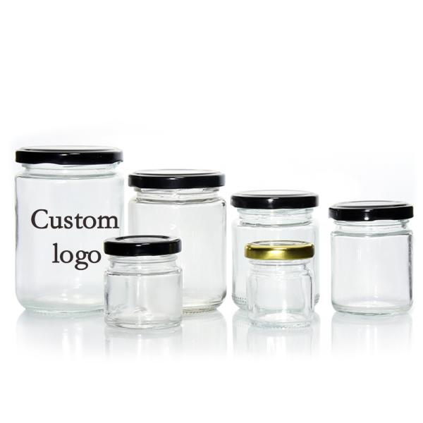 Custom Logo Transparent Food Storage Container Round Jam Food Grade Glass Jars  With Mental Screw Lids for Food Packing