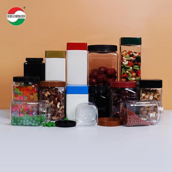 Envases cuadrados Jarrones de plástico transparentes con tapas Etiquetas personalizadas de punta de tornillo Embalaje Jarrón de plástico grande