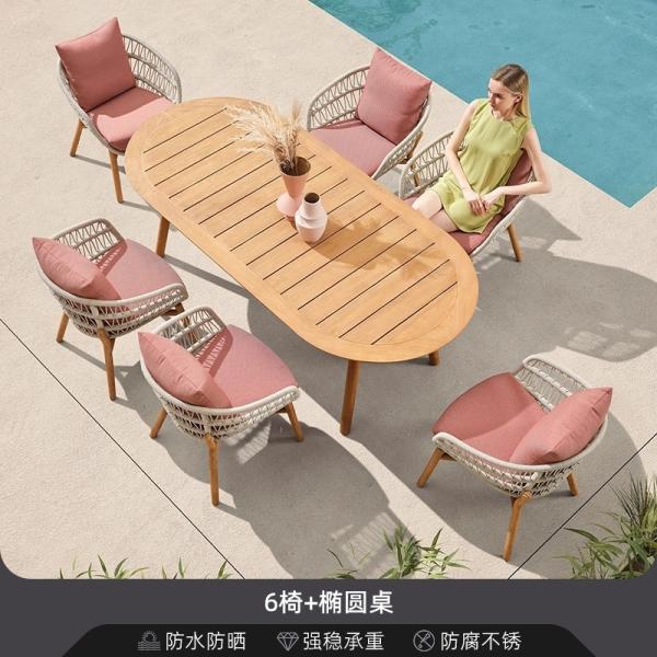 Waterproof and Sunproof Outdoor Teak Rattan Sofa Set for Courtyard Garden Open-Air Homestay Leisure Minimalist Solid Wood Combination