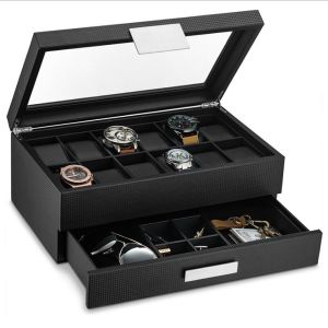 12 Slots Leather Watch Box with Multi-level Storage and Transparent Window for Dust-proof Watch Display