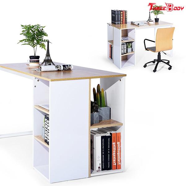 Light Brown / White Modern Office Table 5 Side Shelves PC Laptop Notebook Desk Metal Legs