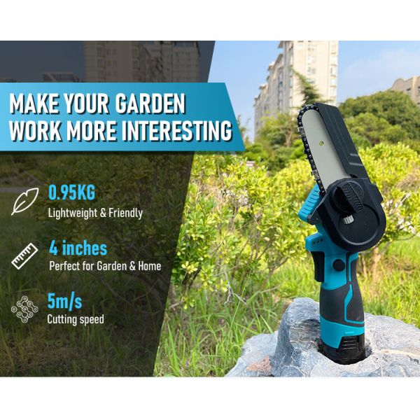 Заряжаемая беспроводная мини электрическая голубая бензопила деревообрабатывающая одноручная садовая