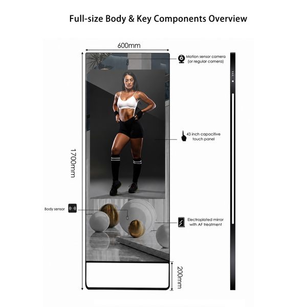 43 Inch Android 11 Workout Mirror AI Microwave Motion Sensor Smart Fitness Mirror No Subscription Fee Gym Kiosk Factory