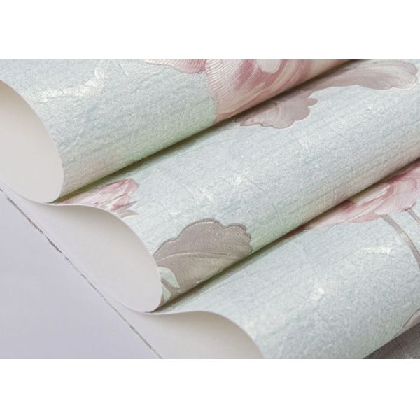 Light Green Living Room Wallpaper Rustic Style with Red Floral Pattern , 0.53*10m/ roll