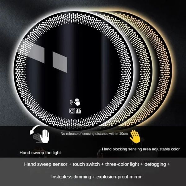 Simple flameproof Led Smart Touch Screen Anti-fog Round Sensor Mirror with Light(WH-MR-101)