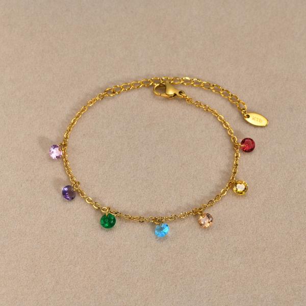 Fashion Luxury Lady Women's Jewelry Gold Plated Stainless Steel Charm Bracelet with Colorful Zirconia for Women