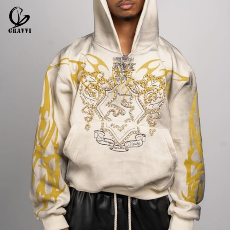 Custom Cool Vintage Rhinestone Flame Heavyweight Pullover Hoodie