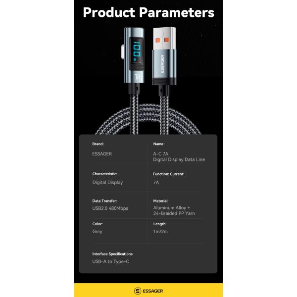 100W 7A USB A To C Fast Charging Phone Cable Digital Display 1m 2m ESSAGER ES-X47