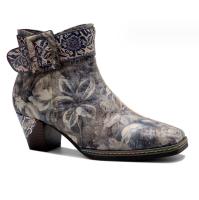 Botas de piel floral de verdadero, botas de vaquera, botas de pie cuadrado, botas de tobillo