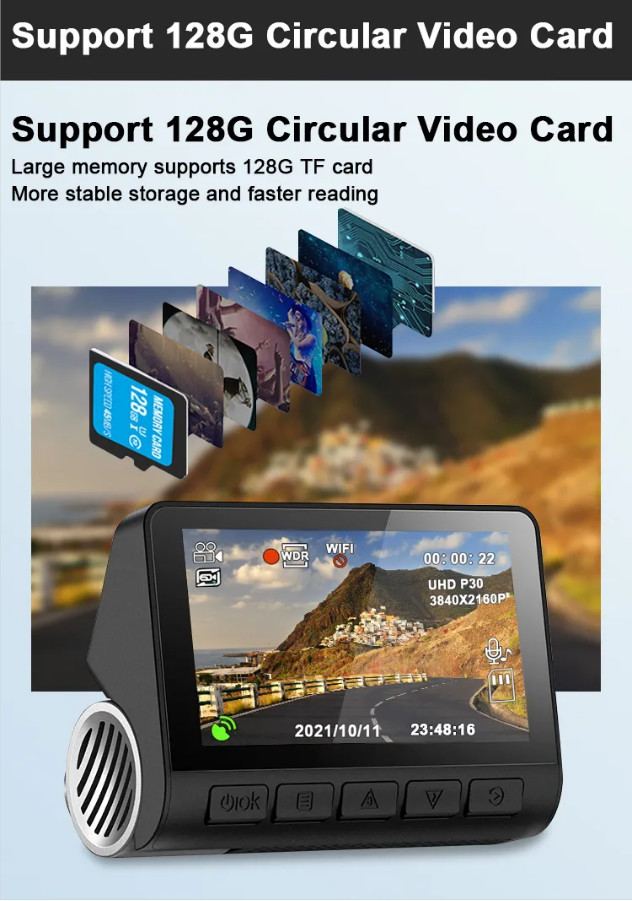 3 камера приборной панели автомобиля DVR кулачка WIFI GPS черточки экрана UHD 4K GPS IPS дюйма