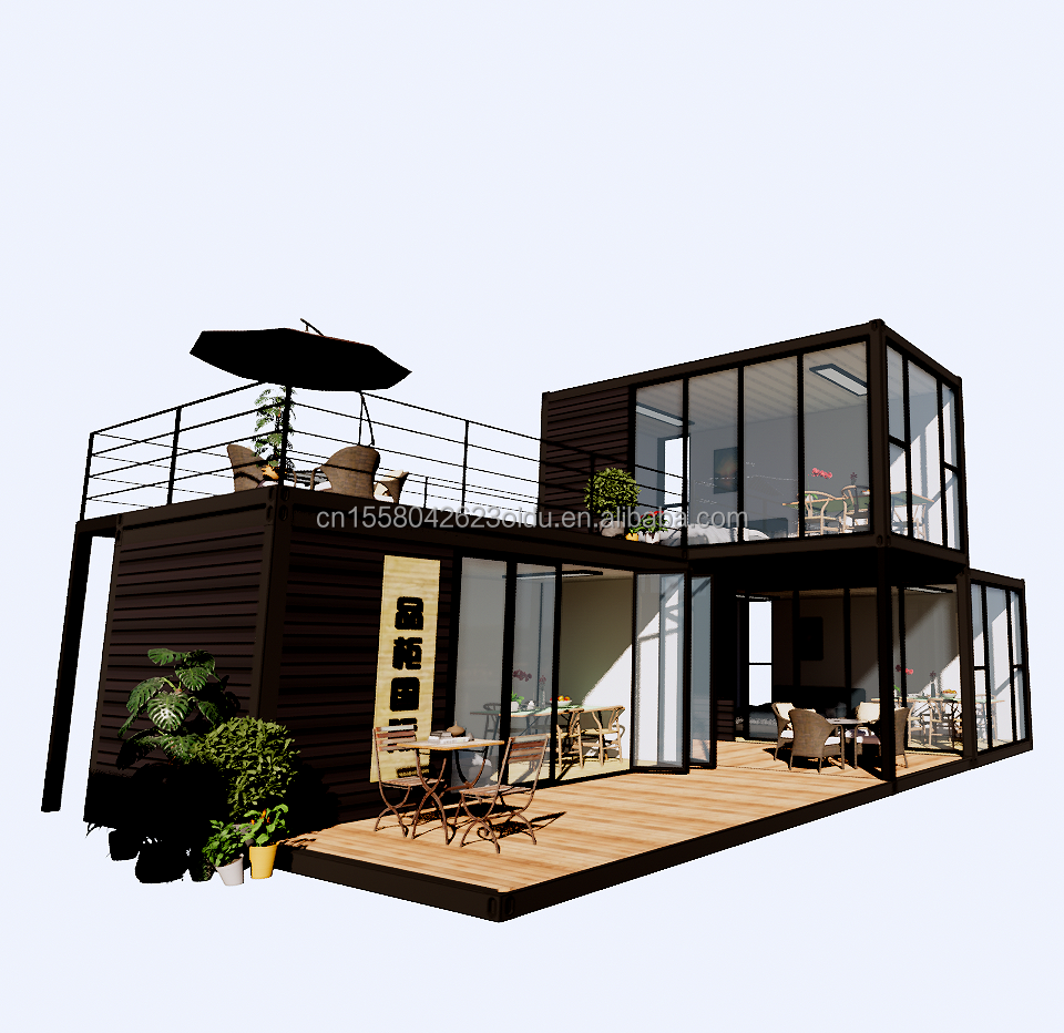 Lujo al aire libre Dos dormitorios de diseño moderno Casa de contenedores prefabricada con acero plano y panel de sándwich al aire libre