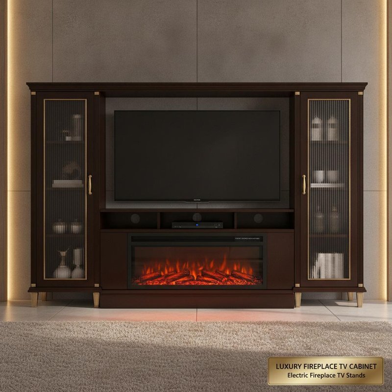 Luxury Silver Mirror Finish Electric Fireplace TV Stand with MDF Construction and 59''X20''X35'' Size