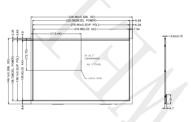 10.1 дюймовый промышленный TFT дисплей 350 Nits LVDS 8 BIT Интерфейс 1280*800 пикселей