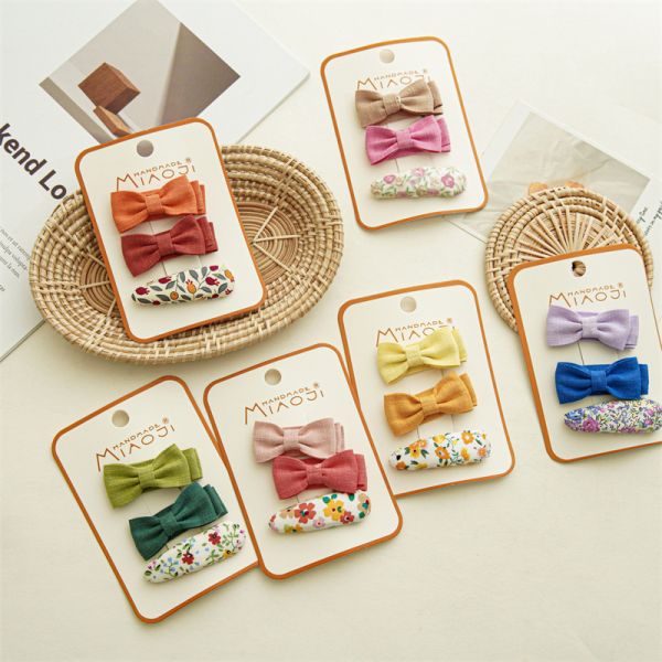 Floral solid color girls kids accessories fabric bow hairpin cute embroidery flower hairpin color 3 sets