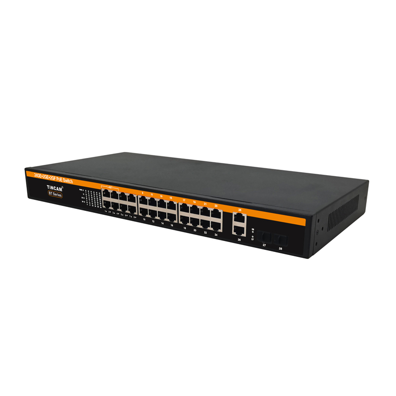 28 Port Gigabit AI Smart PoE Switch 24 10/100/1000Mbps PoE+ Ports 4 BT 60W PoE++ Ports 2 RJ45 Uplink 2 SFP IEEE 802.3af at bt Unmanaged 400W TBC-PSDL5124U-4PF