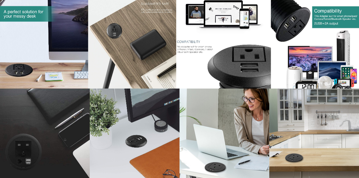 Multifunctional 4.92 Ft Extension Cord 1 EU AC Outlet and 2 USB Ports For Office Furniture Sofa Home Desk Power Grommet