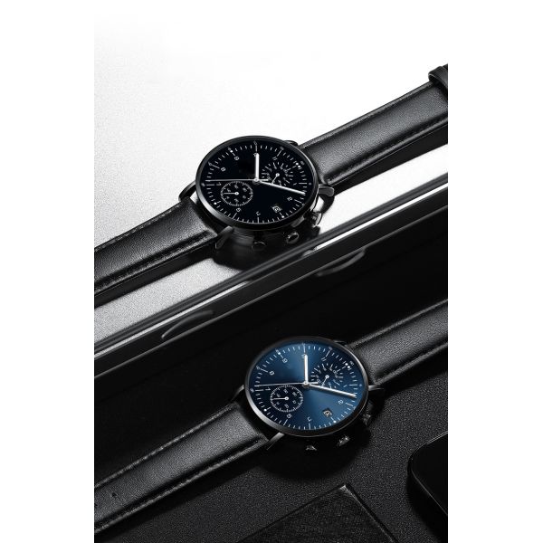 Chronograph Function Alloy Men Quartz Wristwatch Black Genuine Leather Strap Watch