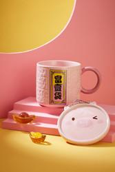 Boutique Mugs Customizable Lucky Embossed Mug Chinese Style Large Capacity Ceramic Coffee Juice Tea Mug With Lid