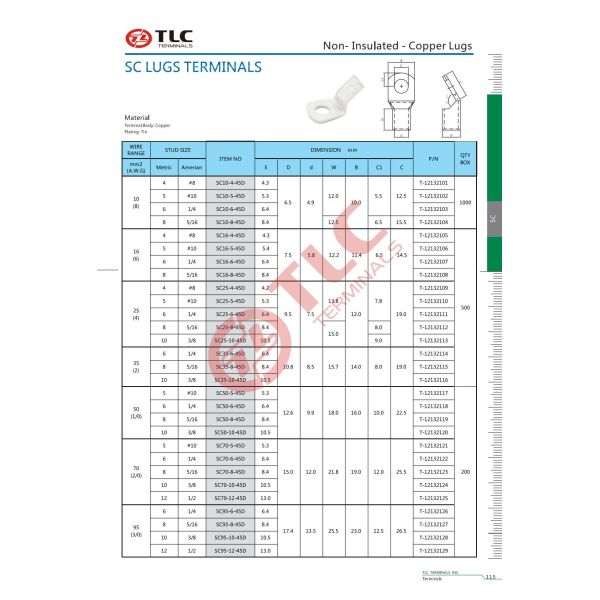 10-95mm2 45D Copper Wire Inlet Lugs With 45 Degree Angle Copper Tube Lugs Cable Lug