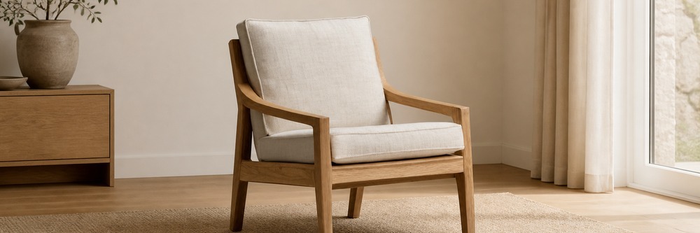 Japandi Solid Wood Lounge Chair with Loose Cream Cushions  LG-5005