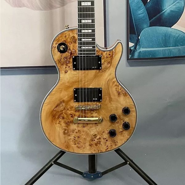 Custom Gibson Style Les Paul LP Electric Guitar Nature Burl Maple Top Mahogany Body Gold Hardware