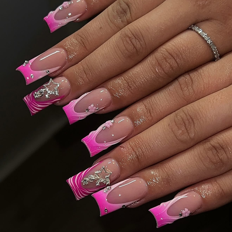 3D Design Nude Ombre Square Nails French Tip MSDS Ombre Nails Press On