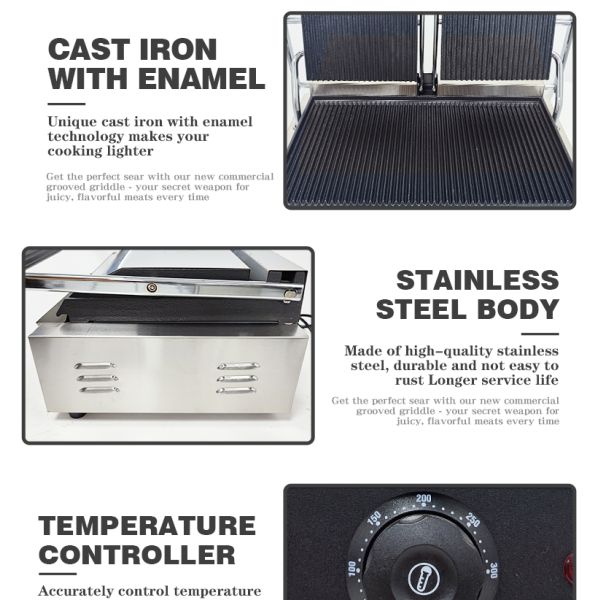 Коммерческий полный канавный электрический гриль с неклеящимся чугунным панни-бургерным прессом