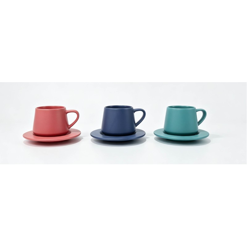 3 Styles Pastel Ceramic Cup & Saucer Sets, Solid Matte / Pearl Iridescent Gloss / Deep Matte Contrast Color Latte Mugs, Tapered Small Belly Coffee Tea Cup Combo for Gift & Kitchen Decor