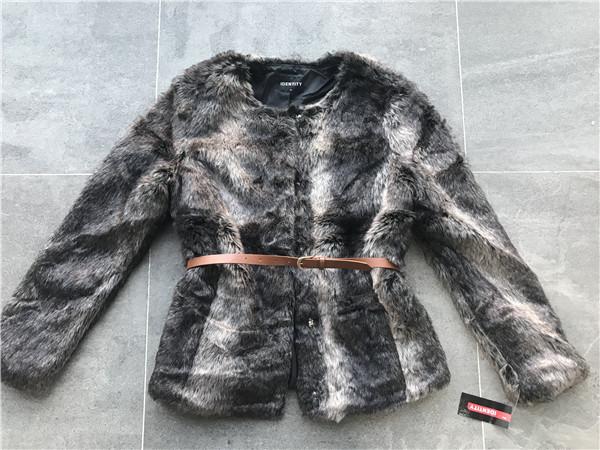 Brown Multi Textured Ladies Faux Fur Coats Collarless With Pu Belt TW74140