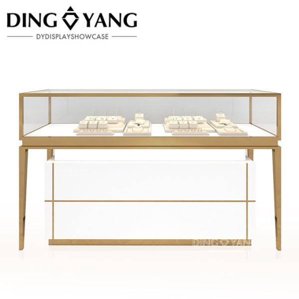 High End Large Jewelry Display Case For Jewelry Store, Golden Hairline Stainless Steel And Ultra-Clear Tempered Glass