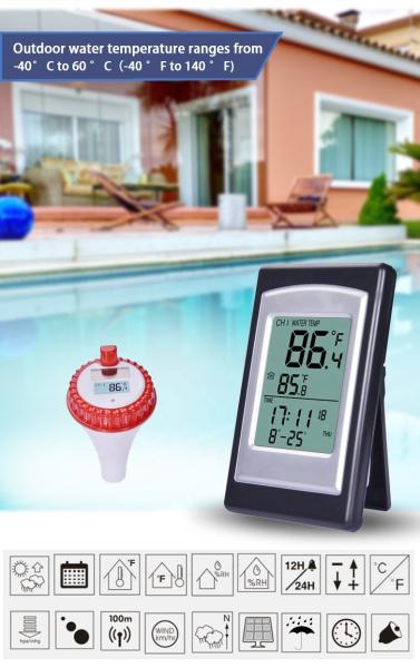 ± 1,0°C Temperatura de precisão termômetro de piscina digital solar sem fio em vermelho e prata