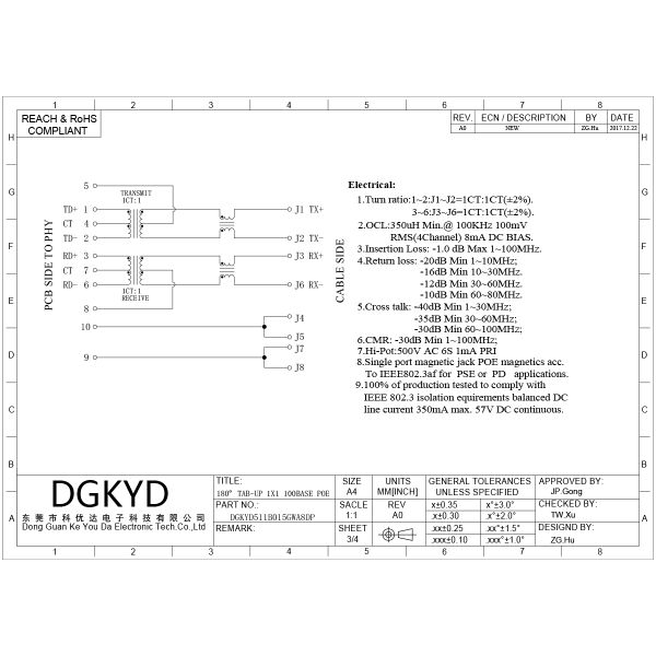 Customized single port vertical RJ45 Modular Jack PCB Mount PoE ethernet connector DGKYD511B015GWA8DP