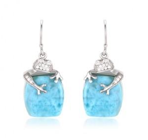 Natural Gem Larimar Silver Jewelry Sea Animal Dangle Earrings