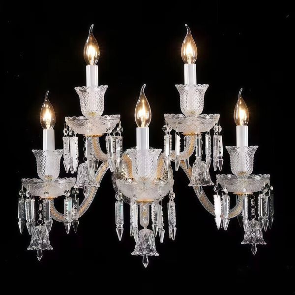 JYLIGHTING Vintage 2-Head Crystal Wall Sconce, Cut Crystal & Fabric Shade Wall Light for Living Room & Hotel Decor
