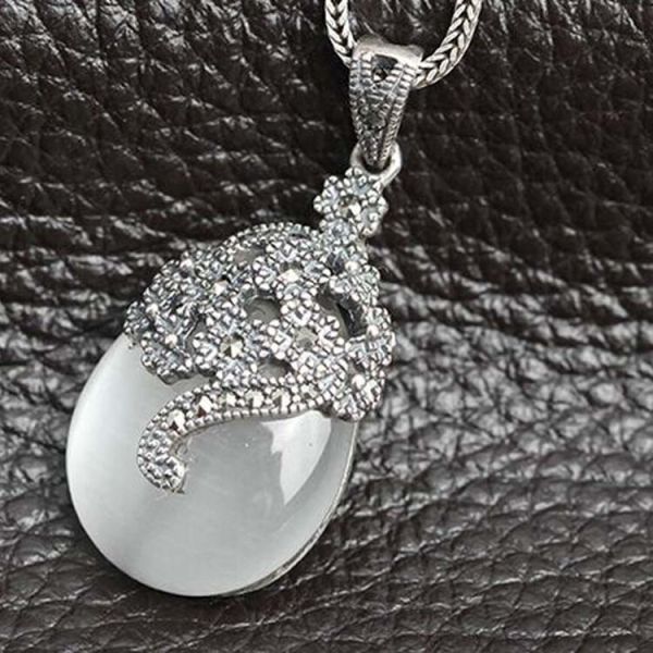 Thai 925 Silver Pendant Necklace White Opal and Marcasite (JX467WHITE)