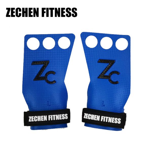 Blue carbon fibler Leather 3 holes crossfit Hand Grips Gloves for pull ups, muscle ups