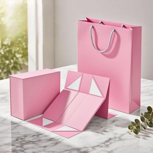 Luxury Gift Box Shopping Bag Set Premium Cardboard Packaging with Silver Rope Handles Ideal for Festive Gifts Stylish Sturdy Design