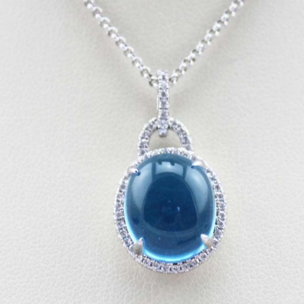925 Sterling Silver 12x14mm Dome Blue Topaz CZ Diamonds  Pendant and Silver Chain Necklace (PSJ0361)