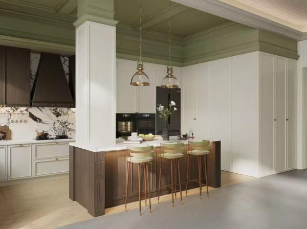 Fadior French Duotone Elegance: White & Black Stainless Steel Kitchen with Softwood Accents