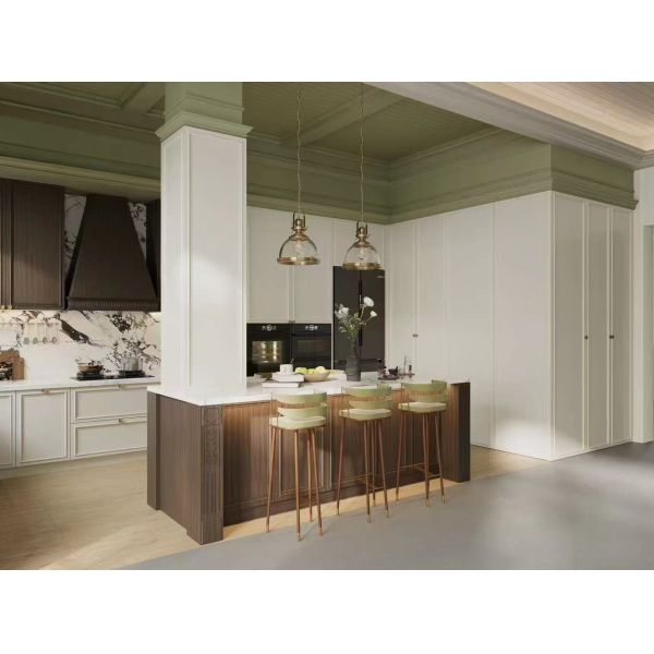 Fadior French Duotone Elegance: White & Black Stainless Steel Kitchen with Softwood Accents