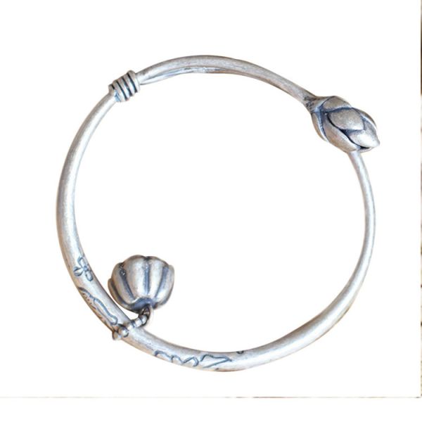 Sterling Silver Bangle Cuff Bracelet Engraved Water Lily Flower Vintage Jewelry(053128W)