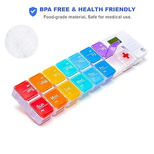 7 Day Medicine Pill Organizer, 4 Reminder Alarms, Loud Sound, 14 Large Compartments, Large Screen, Moisture-Proof, Travel Weekly/Daily Pill Box/Organizer/Case/Container/Dispenser, AM/PM 2 Times A Day