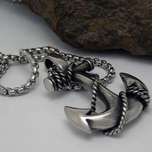 925 Silver Plated Titanium Steel Necklace with Anchor Pendant for Men(SP408)