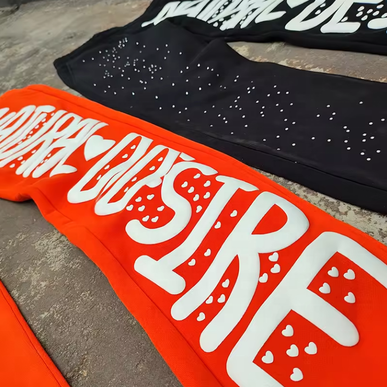 Custom Rhinestone Puff Print Sweat Pants Joggers Vintage Acid Wash Flared Sweatpants Men