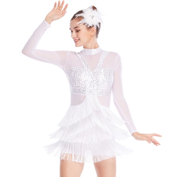 Long Sleeves Stunning Tap Costume Rows Fringes Mock Neck Dance Dress Performance Wear