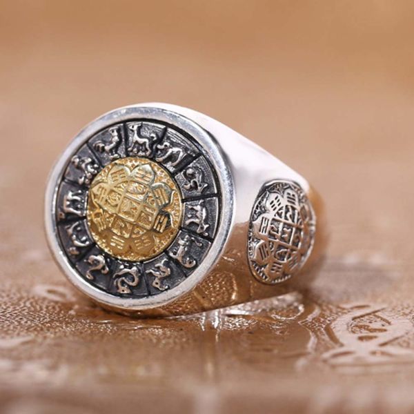Men Sterling Silver Brass 2 Tone Engraved Chinese Zodiac Retro 925 Silver Ring (059886G)