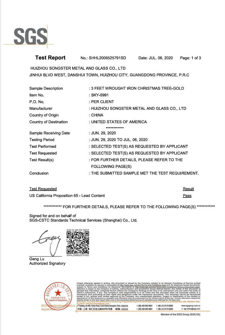 Huizhou Songster Metal And Glass Co., Ltd. Certifications